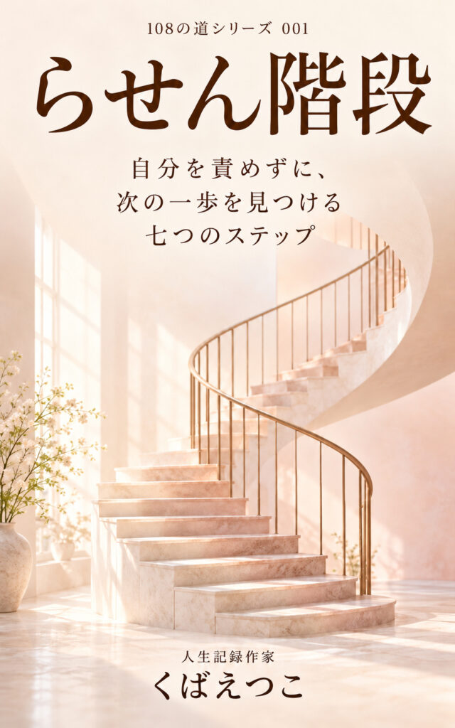 『らせん階段』108の道シリーズ001の表紙。光に包まれたらせん階段と「自分を責めずに、次の一歩を見つける七つのステップ」の文字。